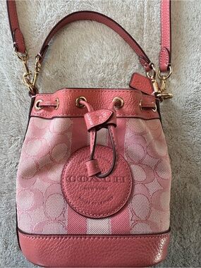 Coach Mini Dempsey Pink Signature Stripe Drawstring Bucket Bag
